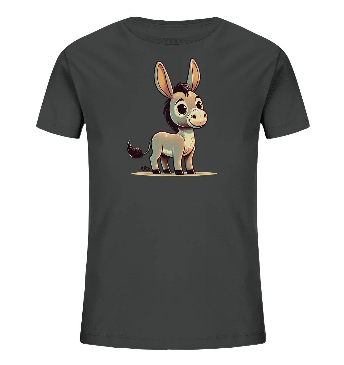 Kinder T-Shirt mit ein cartoonhafter Esel mit großen Ohren und freundlichem Lächeln