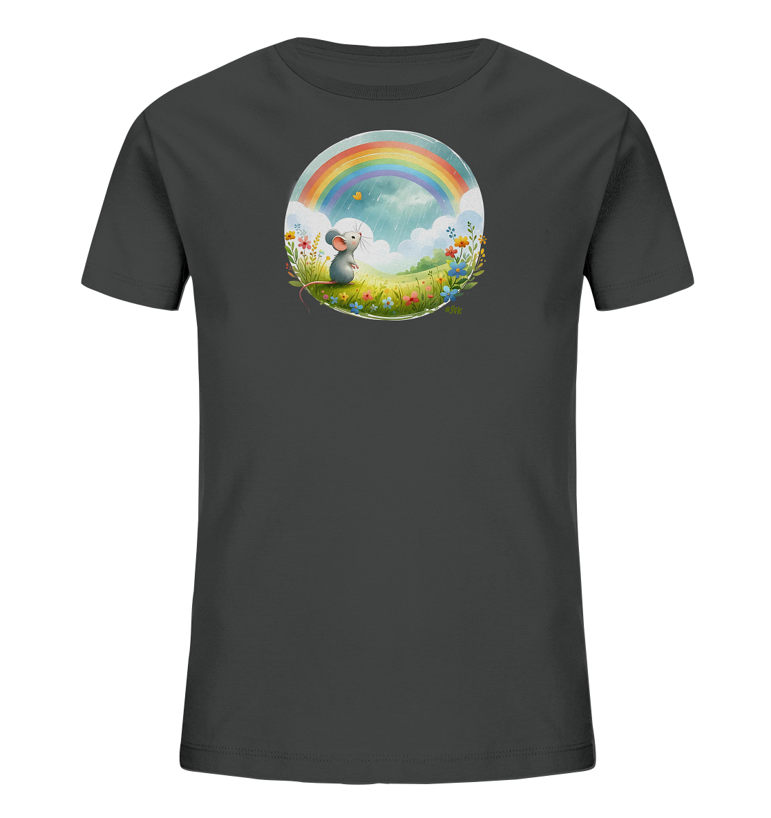 Onlineshop Shirts fuer Kinder - Dieses dunkelgraue T-Shirt fuer Kinder zeigt eine runde Grafik eines bezaubernden Motivs. Eine kleine Maus sitzt in einem bluehenden Feld und blickt zum Himmel, wo ein bunter Regenbogen ueber Wolken und Regen erscheint. Ein Schmetterling flattert in der Naehe. Dieses Design faengt eine friedliche Szene in der Natur ein.