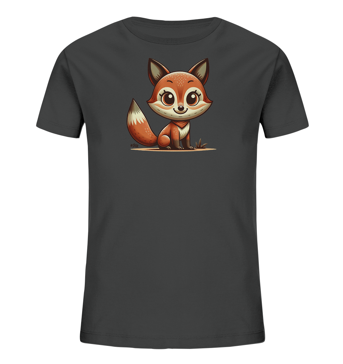 Onlineshop Shirts fuer Kinder - Das Bild zeigt ein dunkelgraues T-Shirt fuer Kinder mit einer charmanten Illustration eines kleinen Fuchses auf der Vorderseite. Der cartoonhafte Fuchs sitzt aufrecht, hat grosse, ausdrucksstarke Augen und ein freundliches Aussehen. Seine Fellfarben sind warmes Orange und Weiss, und er hat einen buschigen Schwanz. Die Grafik verleiht dem Shirt einen verspielten und tierlieben Charakter.