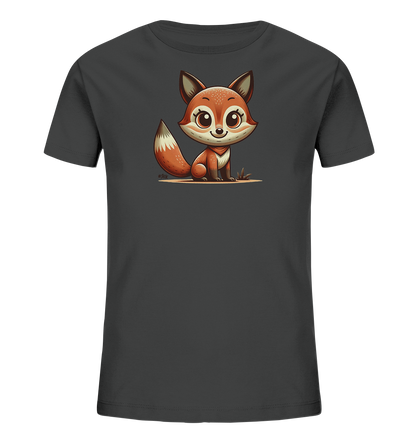 Onlineshop Shirts fuer Kinder - Das Bild zeigt ein dunkelgraues T-Shirt fuer Kinder mit einer charmanten Illustration eines kleinen Fuchses auf der Vorderseite. Der cartoonhafte Fuchs sitzt aufrecht, hat grosse, ausdrucksstarke Augen und ein freundliches Aussehen. Seine Fellfarben sind warmes Orange und Weiss, und er hat einen buschigen Schwanz. Die Grafik verleiht dem Shirt einen verspielten und tierlieben Charakter.