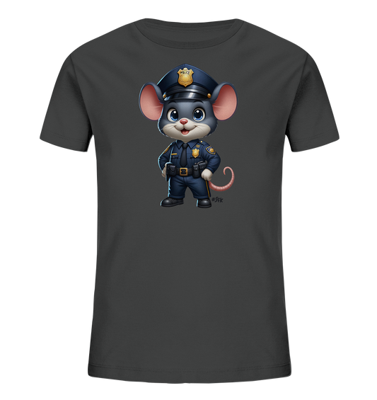 Onlineshop Shirts für Kinder - Das Bild zeigt ein dunkelgraues T-Shirt für Kinder. Auf der Vorderseite ist eine niedliche, cartoonartige Maus in einer Polizeiuniform abgebildet. Die Maus trägt eine blaue Uniform mit Gürtel, Abzeichen und eine passende Mütze mit der Aufschrift 'POLICE'. Das Design ist detailliert und verspielt, ideal für Kinder, die Polizei mögen.
