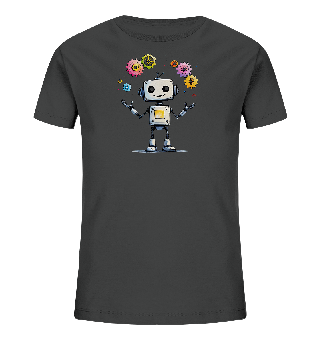 Onlineshop Shirts für Kinder - Das Bild zeigt ein dunkelgraues T-Shirt für Kinder mit einem verspielten Aufdruck auf der Vorderseite. Zu sehen ist ein freundlich lächelnder, weißer Roboter mit Antennen auf dem Kopf. Der Roboter jongliert bunte Zahnräder in verschiedenen Größen und Farben, darunter Rosa, Gelb, Grün, Orange und Blau. Das detailreiche Design verleiht dem Shirt einen fröhlichen und technischen Charakter, ideal für kleine Technik-Fans.