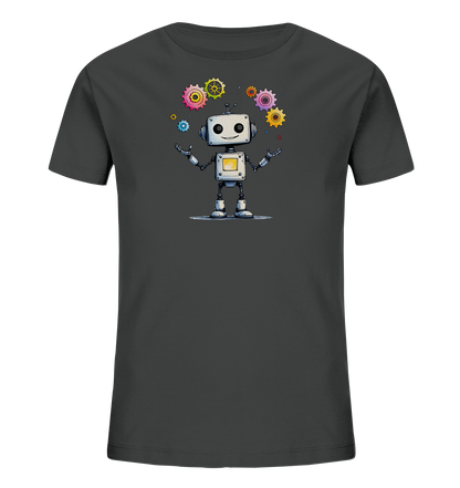Onlineshop Shirts für Kinder - Das Bild zeigt ein dunkelgraues T-Shirt für Kinder mit einem verspielten Aufdruck auf der Vorderseite. Zu sehen ist ein freundlich lächelnder, weißer Roboter mit Antennen auf dem Kopf. Der Roboter jongliert bunte Zahnräder in verschiedenen Größen und Farben, darunter Rosa, Gelb, Grün, Orange und Blau. Das detailreiche Design verleiht dem Shirt einen fröhlichen und technischen Charakter, ideal für kleine Technik-Fans.