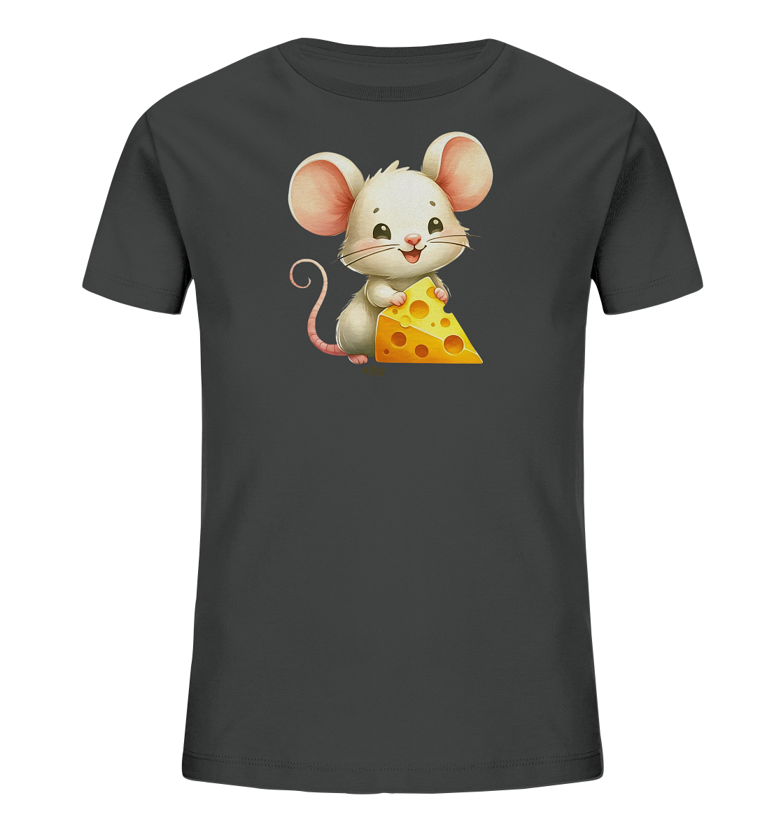 Onlineshop Shirts fuer Kinder - Das Bild zeigt ein dunkles T-Shirt fuer Kinder mit einer niedlichen Cartoon-Illustration. Eine weisse Maus mit grossen Ohren haelt ein grosses Stueck Kaese in den Pfoten. Die Maus hat einen freundlichen Ausdruck und sitzt aufrecht. Das Design ist verspielt und ansprechend fuer Kinder.