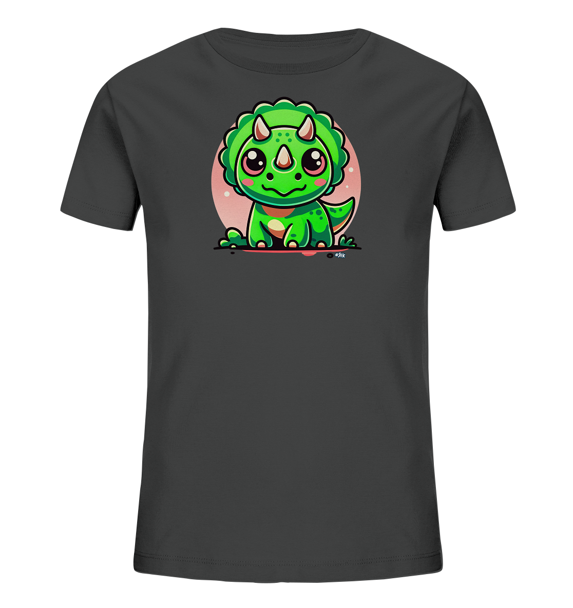 Onlineshop Shirts fuer Kinder - Das Bild zeigt ein dunkelgraues Kinder-T-Shirt mit einem niedlichen Aufdruck auf der Vorderseite. Die Grafik stellt einen sitzenden, gruenen Cartoon-Triceratops-Dinosaurier dar, der grosse Augen und ein freundliches Gesicht hat. Der Dinosaurier sitzt vor einem hellrosa Oval und ist farbenfroh gestaltet. Dieses Design wirkt verspielt und ansprechend fuer junge Dino-Liebhaber.