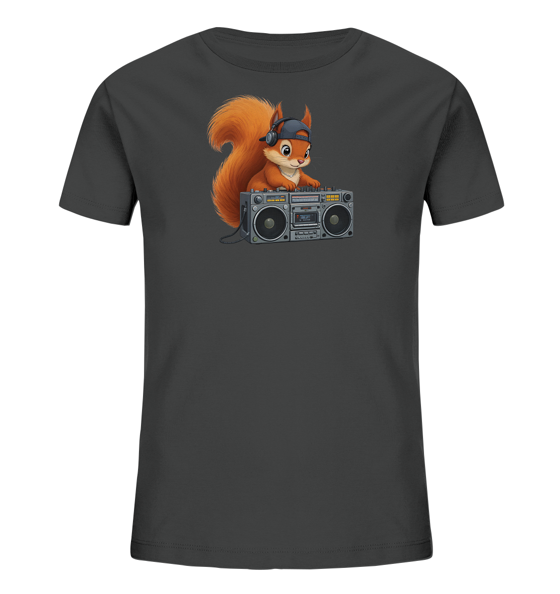 Kinder T-Shirt mit Eichhörnchen-DJ, Kopfhörern, Kappe und Boombox