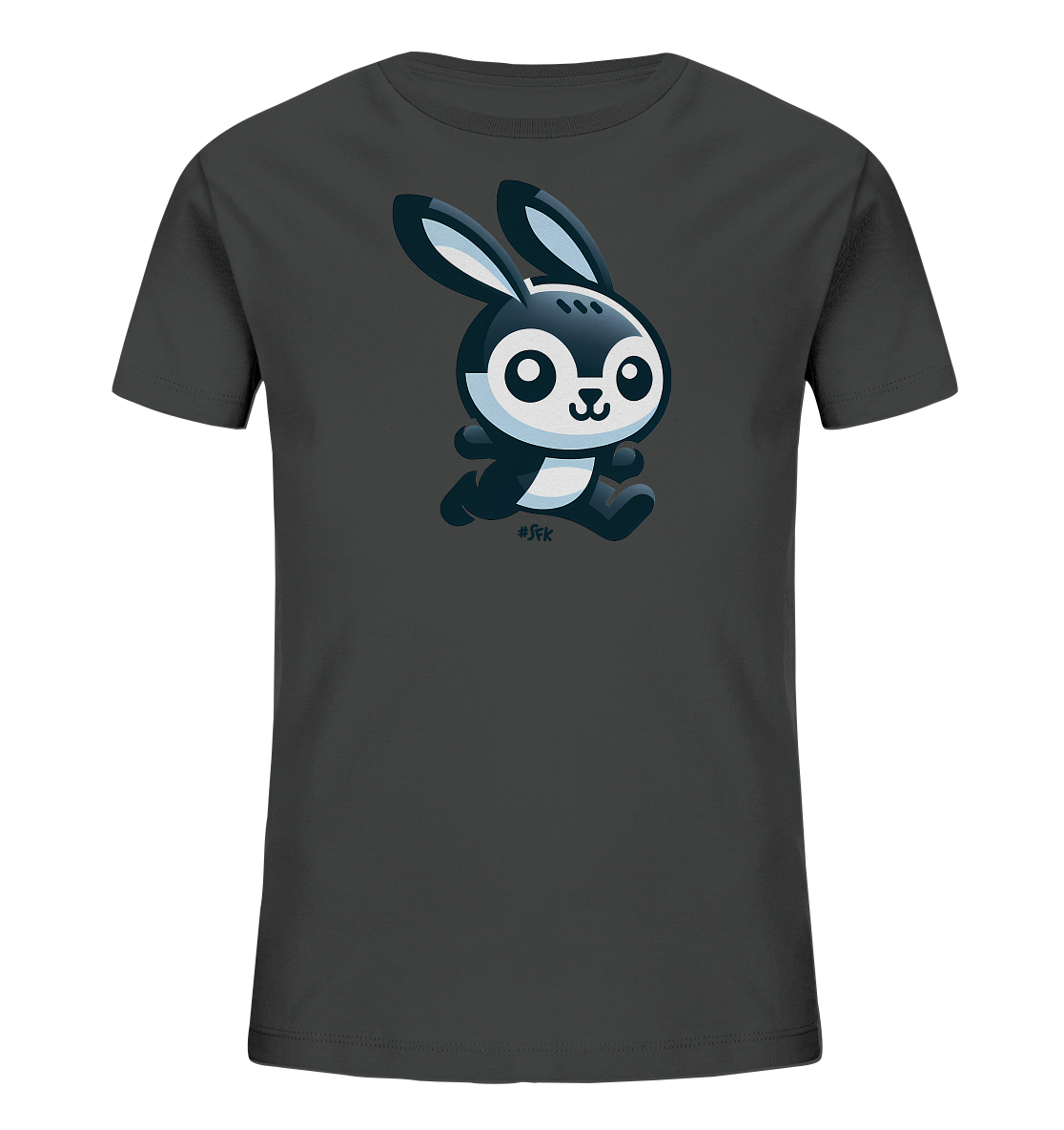 Onlineshop Shirts fuer Kinder - Das Bild zeigt ein dunkles, unifarbenes Kinder-T-Shirt mit einem niedlichen Cartoon-Motiv auf der Vorderseite. Abgebildet ist ein kleiner Hase in Schwarz-Weiss, der gerade zu laufen scheint. Der Hase hat grosse, runde Augen und einen freundlichen Ausdruck, was dem Shirt einen verspielten Look verleiht.