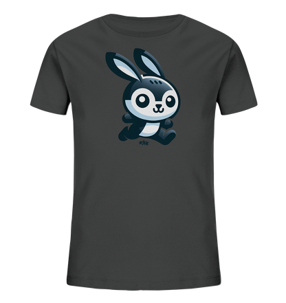 Onlineshop Shirts fuer Kinder - Das Bild zeigt ein dunkles, unifarbenes Kinder-T-Shirt mit einem niedlichen Cartoon-Motiv auf der Vorderseite. Abgebildet ist ein kleiner Hase in Schwarz-Weiss, der gerade zu laufen scheint. Der Hase hat grosse, runde Augen und einen freundlichen Ausdruck, was dem Shirt einen verspielten Look verleiht.