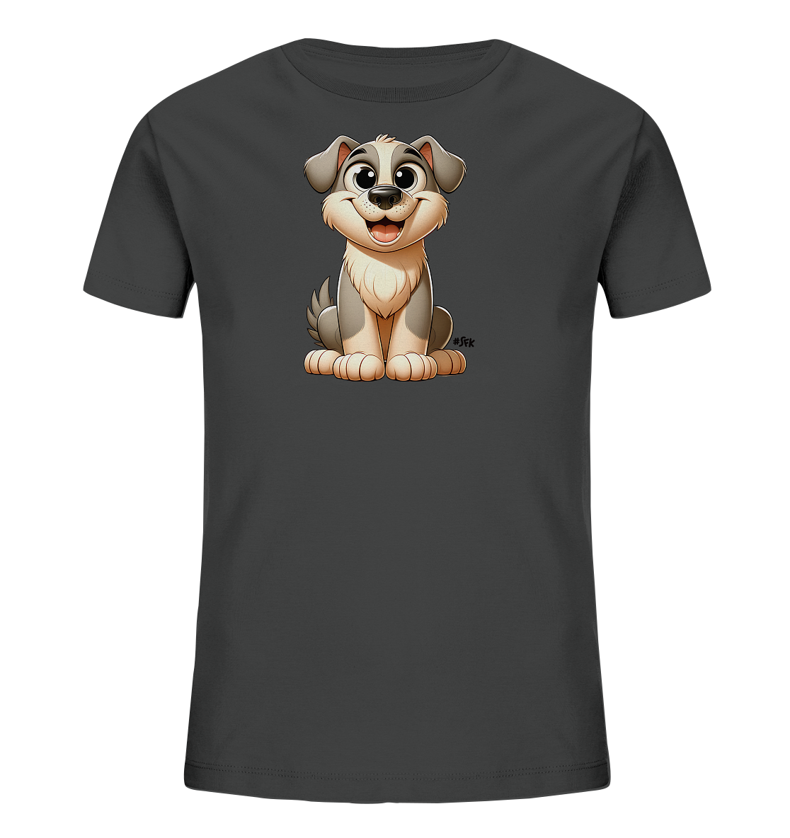 Onlineshop Shirts fuer Kinder - Dieses dunkelgraue Kinder T-Shirt zeigt ein niedliches, cartoonhaftes Hundemotiv auf der Vorderseite. Der Hund sitzt aufrecht, hat grosse, runde Augen und ein froehliches Laecheln. Sein Fell ist in Grautoenen und Beige gehalten. Das Design wirkt verspielt und freundlich, perfekt fuer ein Kinder-Outfit.