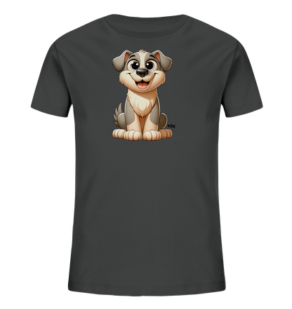 Onlineshop Shirts fuer Kinder - Dieses dunkelgraue Kinder T-Shirt zeigt ein niedliches, cartoonhaftes Hundemotiv auf der Vorderseite. Der Hund sitzt aufrecht, hat grosse, runde Augen und ein froehliches Laecheln. Sein Fell ist in Grautoenen und Beige gehalten. Das Design wirkt verspielt und freundlich, perfekt fuer ein Kinder-Outfit.