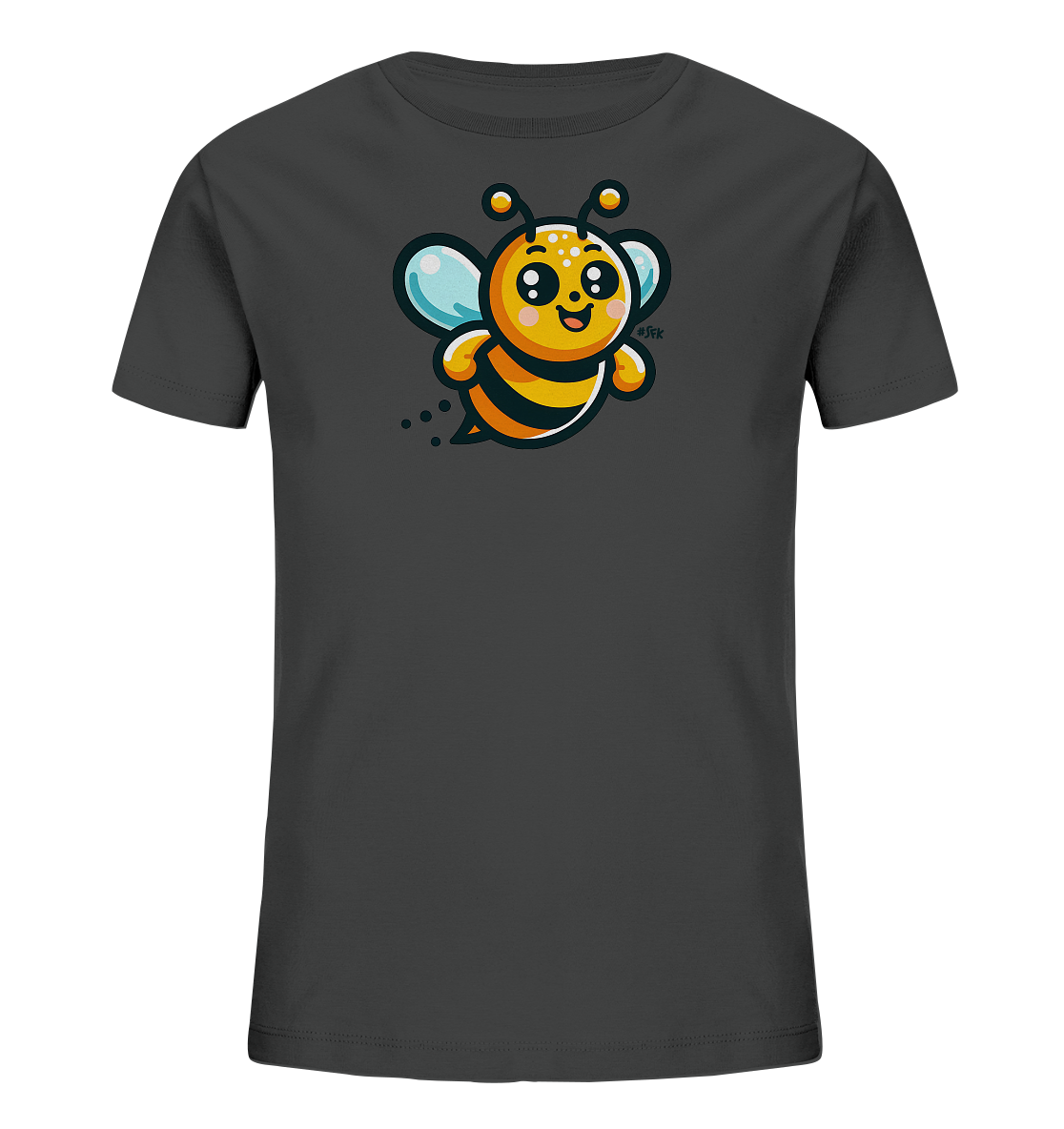 Onlineshop Shirts fuer Kinder - Das Bild zeigt ein dunkelgraues Kinder-T-Shirt mit einer farbenfrohen Cartoon-Illustration einer Biene auf der Vorderseite. Die Biene hat grosse Augen, einen laechelnden Mund und hellblaue Fluegel. Sie ist gelb-schwarz gestreift und wird von kleinen Punkten begleitet, die Flug andeuten. Dieses Design wirkt verspielt und ansprechend.