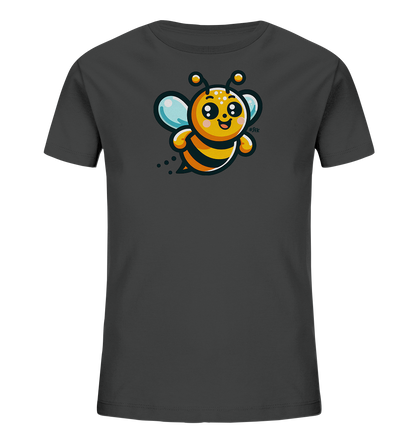 Onlineshop Shirts fuer Kinder - Das Bild zeigt ein dunkelgraues Kinder-T-Shirt mit einer farbenfrohen Cartoon-Illustration einer Biene auf der Vorderseite. Die Biene hat grosse Augen, einen laechelnden Mund und hellblaue Fluegel. Sie ist gelb-schwarz gestreift und wird von kleinen Punkten begleitet, die Flug andeuten. Dieses Design wirkt verspielt und ansprechend.