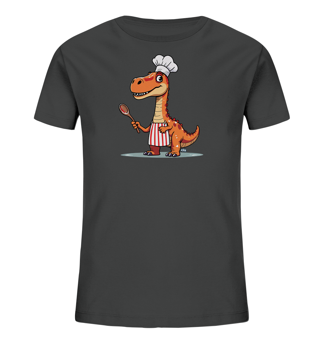 Onlineshop Shirts fuer Kinder - Das Bild zeigt ein dunkelgraues Kinder T-Shirt mit einem prominenten Druck auf der Vorderseite. Darauf ist eine farbenfrohe Cartoon-Illustration eines orangefarbenen Dinosauriers zu sehen. Der Dinosaurier traegt eine weisse Kochmuetze sowie eine rot-weiss gestreifte Schuerze und haelt einen Kochloeffel in der Hand.