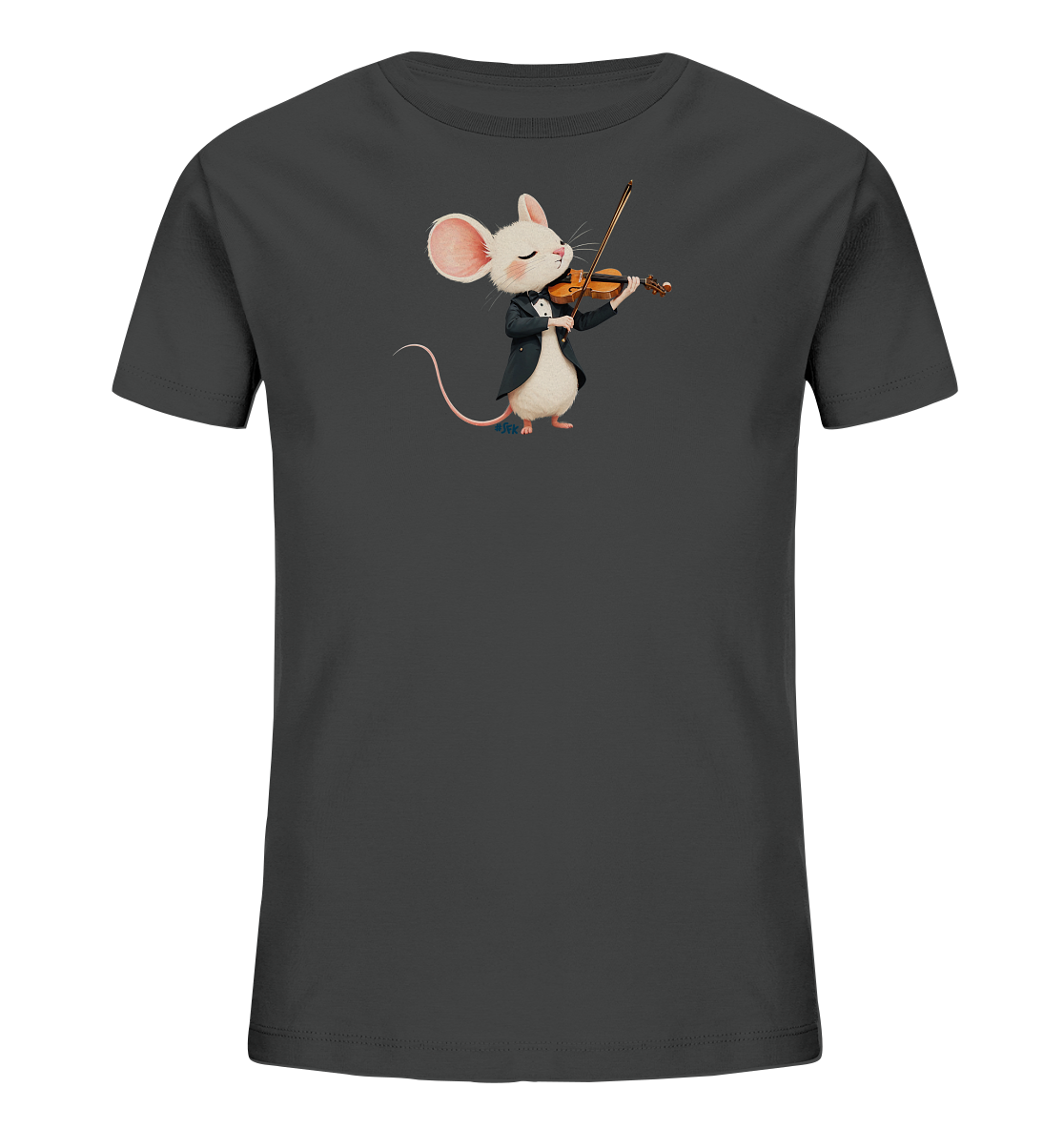 Onlineshop Shirts fuer Kinder - Das Bild zeigt ein dunkelgraues Kinder-T-Shirt. Auf der Vorderseite ist eine detailreiche Illustration einer weissen Maus abgebildet, die einen schwarzen Frack traegt. Die Maus spielt eine Geige mit einem Bogen und hat ein freundliches, geschlossenes Gesicht. Das Design wirkt verspielt und charmant.