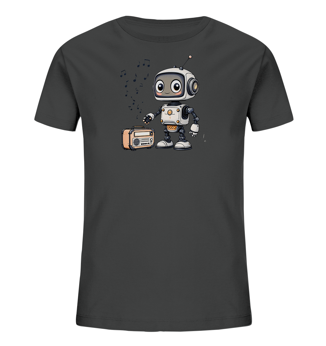 Onlineshop Shirts für Kinder - Das Bild zeigt ein dunkelgraues T-Shirt für Kinder mit einem zentralen Grafikdruck. Die Illustration darauf stellt einen kleinen, weißen Roboter mit orangefarbenen Akzenten und einer Antenne dar. Der Roboter steht neben einem orange-beigen Radio im Retro-Look, aus dem Musiknoten aufsteigen, was auf Musikgenuss hindeutet. Das gesamte Design ist kindgerecht und verspielt gestaltet.