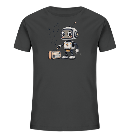 Onlineshop Shirts für Kinder - Das Bild zeigt ein dunkelgraues T-Shirt für Kinder mit einem zentralen Grafikdruck. Die Illustration darauf stellt einen kleinen, weißen Roboter mit orangefarbenen Akzenten und einer Antenne dar. Der Roboter steht neben einem orange-beigen Radio im Retro-Look, aus dem Musiknoten aufsteigen, was auf Musikgenuss hindeutet. Das gesamte Design ist kindgerecht und verspielt gestaltet.