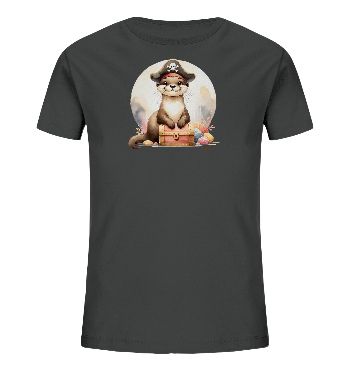 Onlineshop Shirts fuer Kinder - Dieses dunkle Kinder T-Shirt zeigt einen niedlichen Otter mit Piratenhut, der auf einer Schatzkiste sitzt. Um die Kiste liegen bunte Ostereier. Dahinter ist ein helles Rund zu sehen. Die Grafik ist farbenfroh und detailliert gestaltet.
