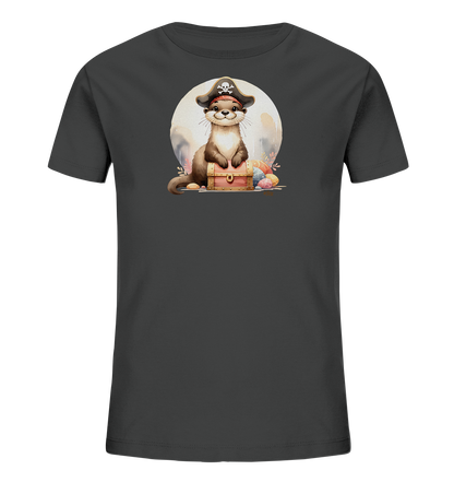 Onlineshop Shirts fuer Kinder - Dieses dunkle Kinder T-Shirt zeigt einen niedlichen Otter mit Piratenhut, der auf einer Schatzkiste sitzt. Um die Kiste liegen bunte Ostereier. Dahinter ist ein helles Rund zu sehen. Die Grafik ist farbenfroh und detailliert gestaltet.