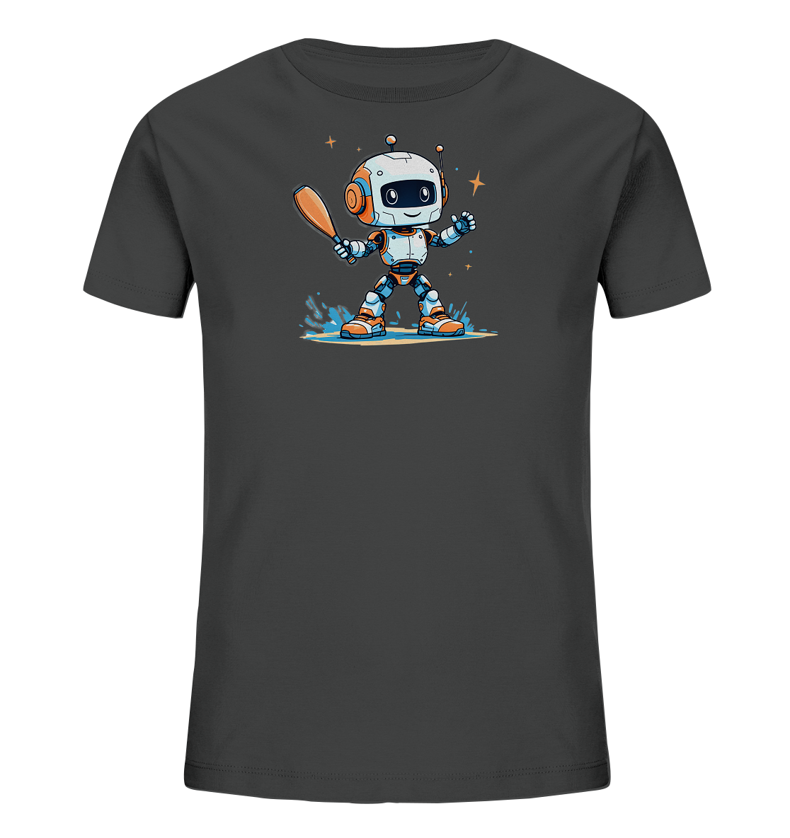 Onlineshop Shirts für Kinder - Das Bild zeigt ein dunkles, graues Kinder-T-Shirt mit einem farbenfrohen Cartoon-Motiv auf der Vorderseite. Das Motiv stellt einen kleinen, freundlichen Roboter dar, der einen Baseballschläger hält und auf einer nassen oder sandigen Fläche steht. Das Design ist detailliert mit leuchtenden Akzenten in Orange und Blau, umgeben von kleinen Sternen. Dieses Shirt bietet ein verspieltes Design, ideal für junge Fans von Robotern oder Sport.