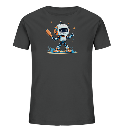Onlineshop Shirts für Kinder - Das Bild zeigt ein dunkles, graues Kinder-T-Shirt mit einem farbenfrohen Cartoon-Motiv auf der Vorderseite. Das Motiv stellt einen kleinen, freundlichen Roboter dar, der einen Baseballschläger hält und auf einer nassen oder sandigen Fläche steht. Das Design ist detailliert mit leuchtenden Akzenten in Orange und Blau, umgeben von kleinen Sternen. Dieses Shirt bietet ein verspieltes Design, ideal für junge Fans von Robotern oder Sport.