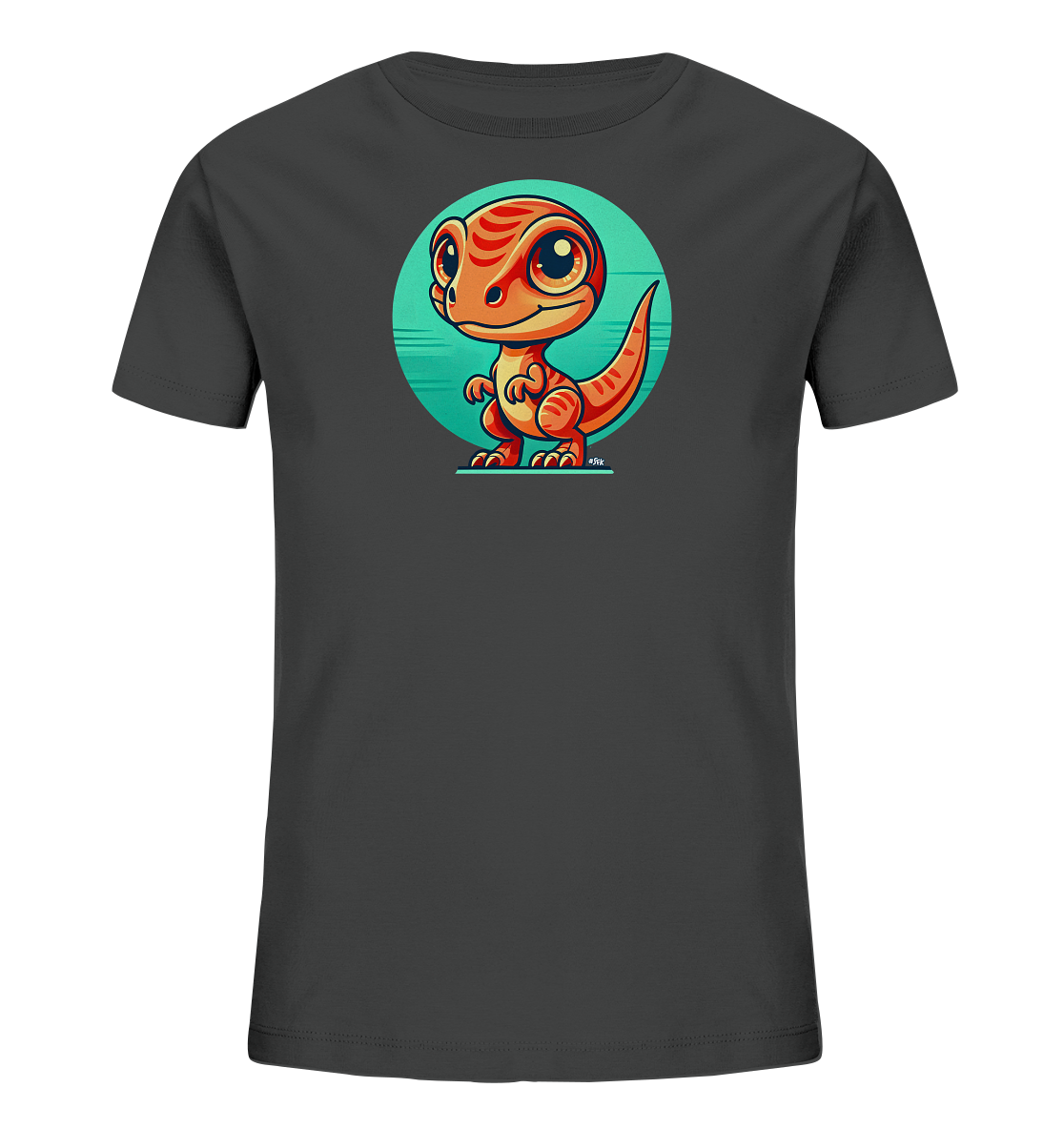 Onlineshop Shirts fuer Kinder - Das Bild zeigt ein dunkelgraues Kinder-T-Shirt. Auf der Vorderseite ist eine Grafik eines orangefarbenen Cartoon-Dinosauriers mit roten Streifen und grossen Augen abgebildet. Der Dinosaurier steht in einem runden, tuerkisfarbenen Kreis auf einem braunen Untergrund. Das Motiv ist niedlich und ansprechend gestaltet.