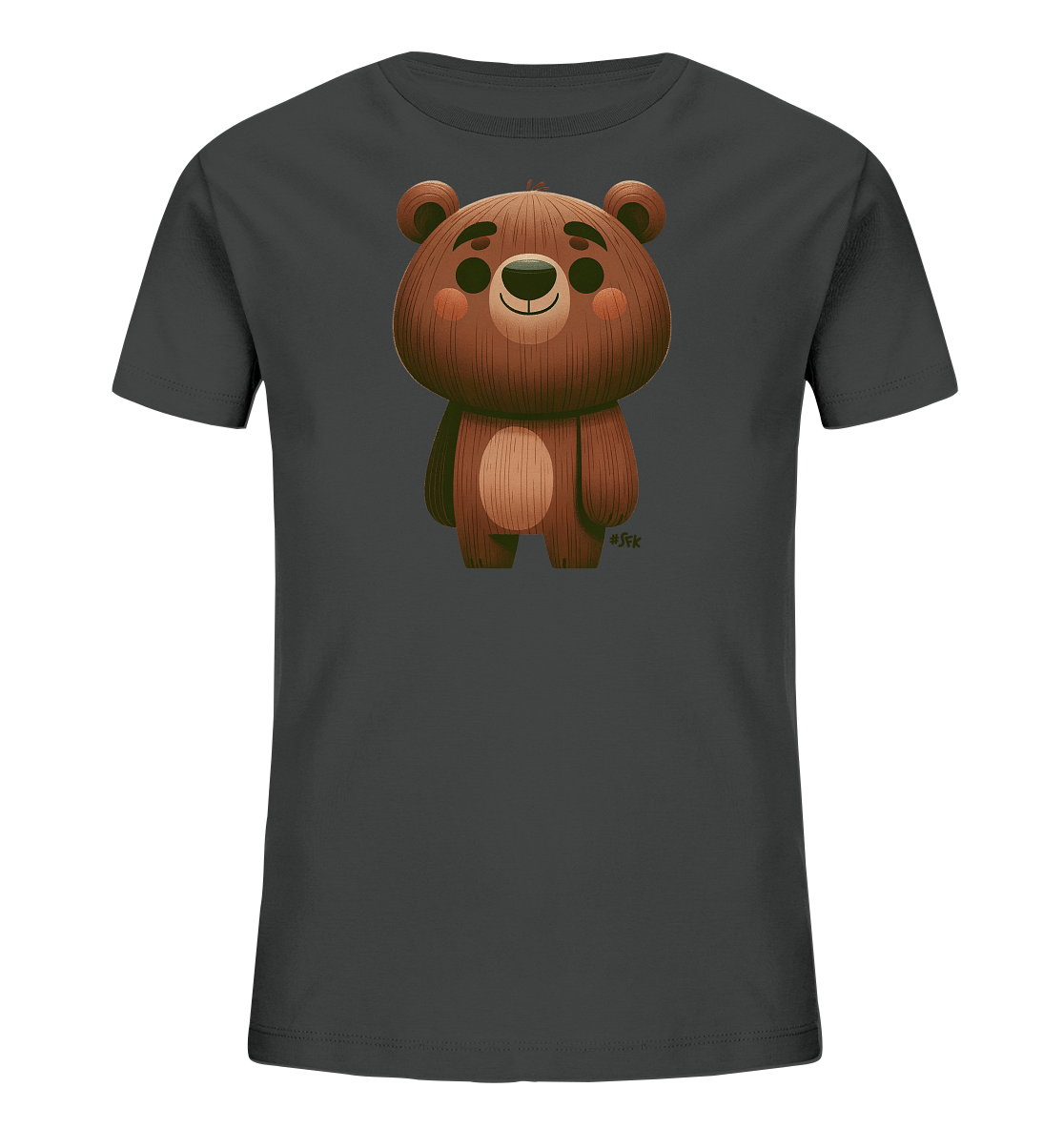 Onlineshop Shirts fuer Kinder - Das Bild zeigt ein dunkles Kinder-T-Shirt mit einer niedlichen Illustration eines Baeren auf der Vorderseite. Der Baer ist braun dargestellt, hat grosse Ohren und ein freundliches Laecheln. Die Grafik ist detailliert mit einer Textur, die an Fell erinnert.