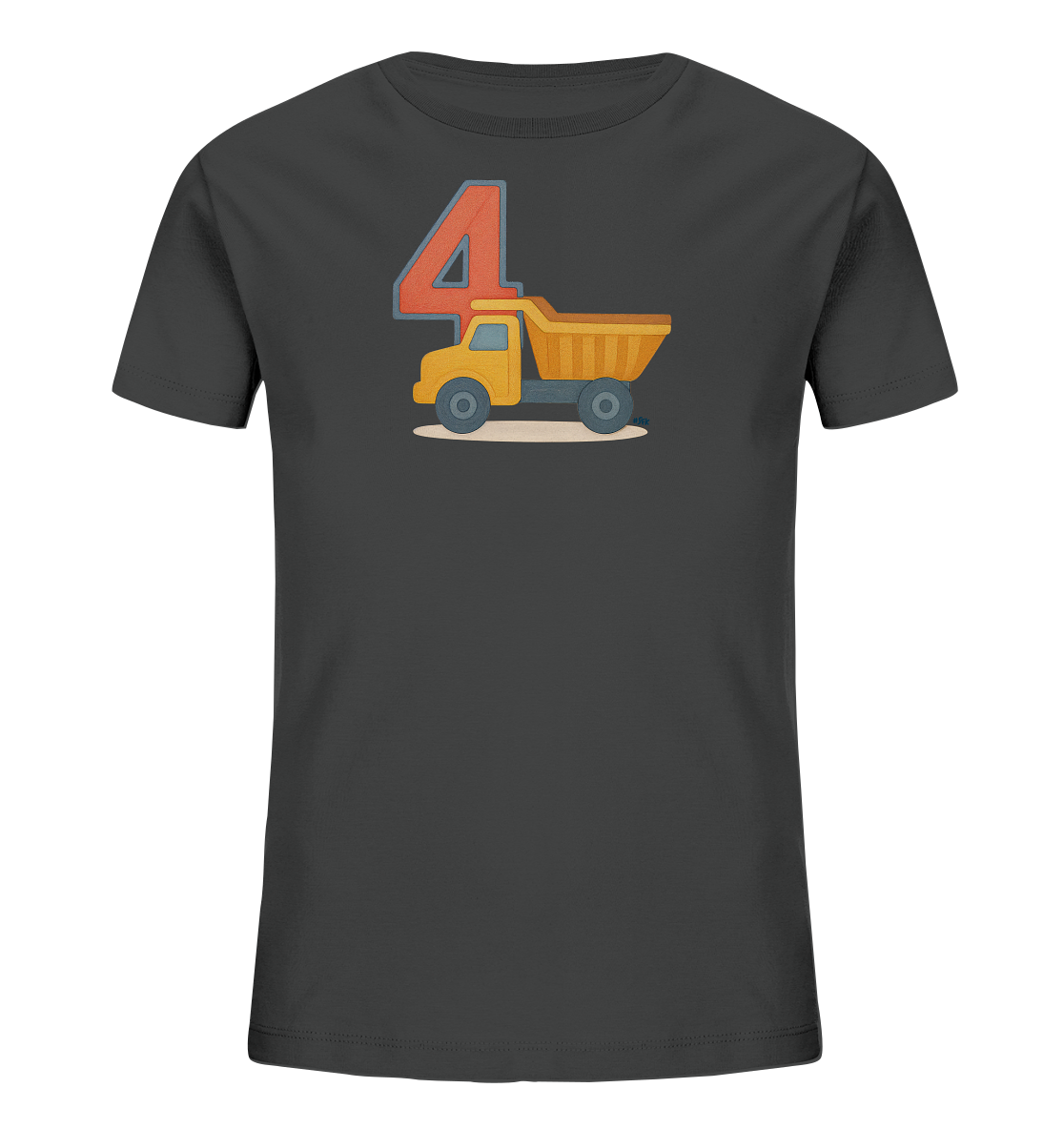 Onlineshop Shirts fuer Kinder - Das Bild zeigt ein dunkelgraues T-Shirt fuer Kinder. Auf der Vorderseite ist eine grosse rote Zahl '4' zu sehen, umrandet von grau. Darunter befindet sich die Illustration eines gelben Kipplasters in einem cartoonhaften Stil. Das Motiv ist zentral auf dem Shirt platziert und vermittelt einen spielerischen Eindruck.