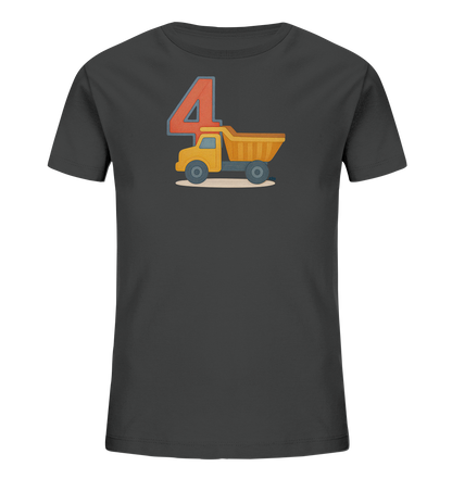Onlineshop Shirts fuer Kinder - Das Bild zeigt ein dunkelgraues T-Shirt fuer Kinder. Auf der Vorderseite ist eine grosse rote Zahl '4' zu sehen, umrandet von grau. Darunter befindet sich die Illustration eines gelben Kipplasters in einem cartoonhaften Stil. Das Motiv ist zentral auf dem Shirt platziert und vermittelt einen spielerischen Eindruck.