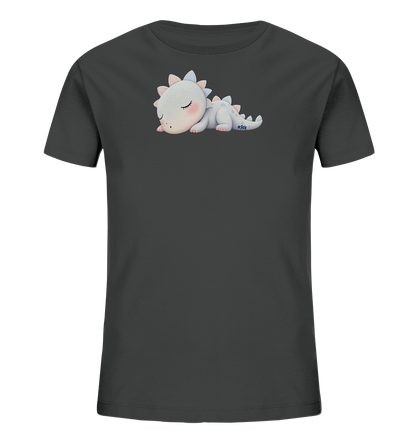 Onlineshop Shirts fuer Kinder - Das Bild zeigt ein dunkelgraues T-Shirt mit einem niedlichen Aufdruck eines schlafenden Drachen. Der kleine Drache ist hellgrau mit zartrosa Wangen und blassrosa sowie hellblauen Stacheln auf Kopf und Ruecken. Er liegt friedlich da und vermittelt einen ruhigen, verspielten Eindruck. Das Design ist ansprechend fuer Kinder.
