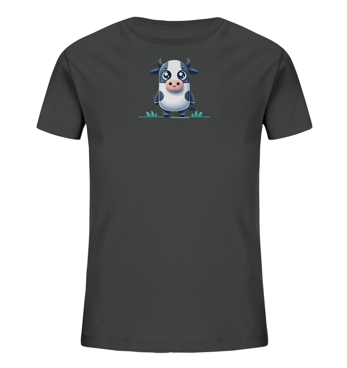 Onlineshop Shirts fuer Kinder - Das Bild zeigt ein dunkelgraues Kinder-T-Shirt mit einem charmanten Kuh-Motiv auf der Vorderseite. Die Illustration zeigt eine stehende, cartoonartige Kuh in Schwarz-Weiss-Faerbung mit grossen blauen Augen. Sie steht auf stilisiertem gruenen Gras. Das Design wirkt freundlich und verspielt.