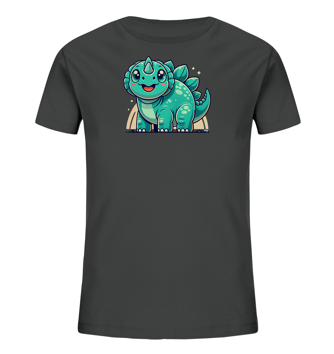 Onlineshop Shirts fuer Kinder - Das Bild zeigt ein anthrazitfarbenes Kinder-T-Shirt mit einer Illustration eines kleinen, freundlichen Dinosauriers auf der Vorderseite. Der tuerkisfarbene Cartoon-Dinosaurier aehnelt einem Stegosaurus und laechelt froehlich. Er steht auf einem hellen Bogen, umgeben von kleinen Sternen. Das Motiv ist farbenfroh und ansprechend fuer Kinder gestaltet.