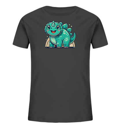 Onlineshop Shirts fuer Kinder - Das Bild zeigt ein anthrazitfarbenes Kinder-T-Shirt mit einer Illustration eines kleinen, freundlichen Dinosauriers auf der Vorderseite. Der tuerkisfarbene Cartoon-Dinosaurier aehnelt einem Stegosaurus und laechelt froehlich. Er steht auf einem hellen Bogen, umgeben von kleinen Sternen. Das Motiv ist farbenfroh und ansprechend fuer Kinder gestaltet.