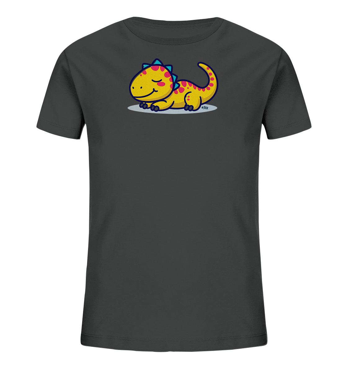 Onlineshop Shirts fuer Kinder - Das Bild zeigt ein dunkelgraues Kinder-T-Shirt. Auf der Vorderseite ist ein gelber, cartoonartiger Dinosaurier abgebildet, der mit geschlossenen Augen entspannt auf dem Bauch liegt. Der Dino hat rote Flecken und blaue Zacken entlang seines Rueckens. Das Design wirkt verspielt und kindgerecht.