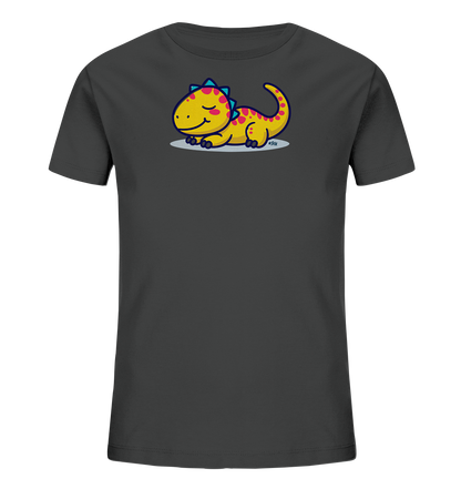 Onlineshop Shirts fuer Kinder - Das Bild zeigt ein dunkelgraues Kinder-T-Shirt. Auf der Vorderseite ist ein gelber, cartoonartiger Dinosaurier abgebildet, der mit geschlossenen Augen entspannt auf dem Bauch liegt. Der Dino hat rote Flecken und blaue Zacken entlang seines Rueckens. Das Design wirkt verspielt und kindgerecht.