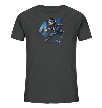 Kinder-T-Shirt mit springendem Ninja und Zahl 4