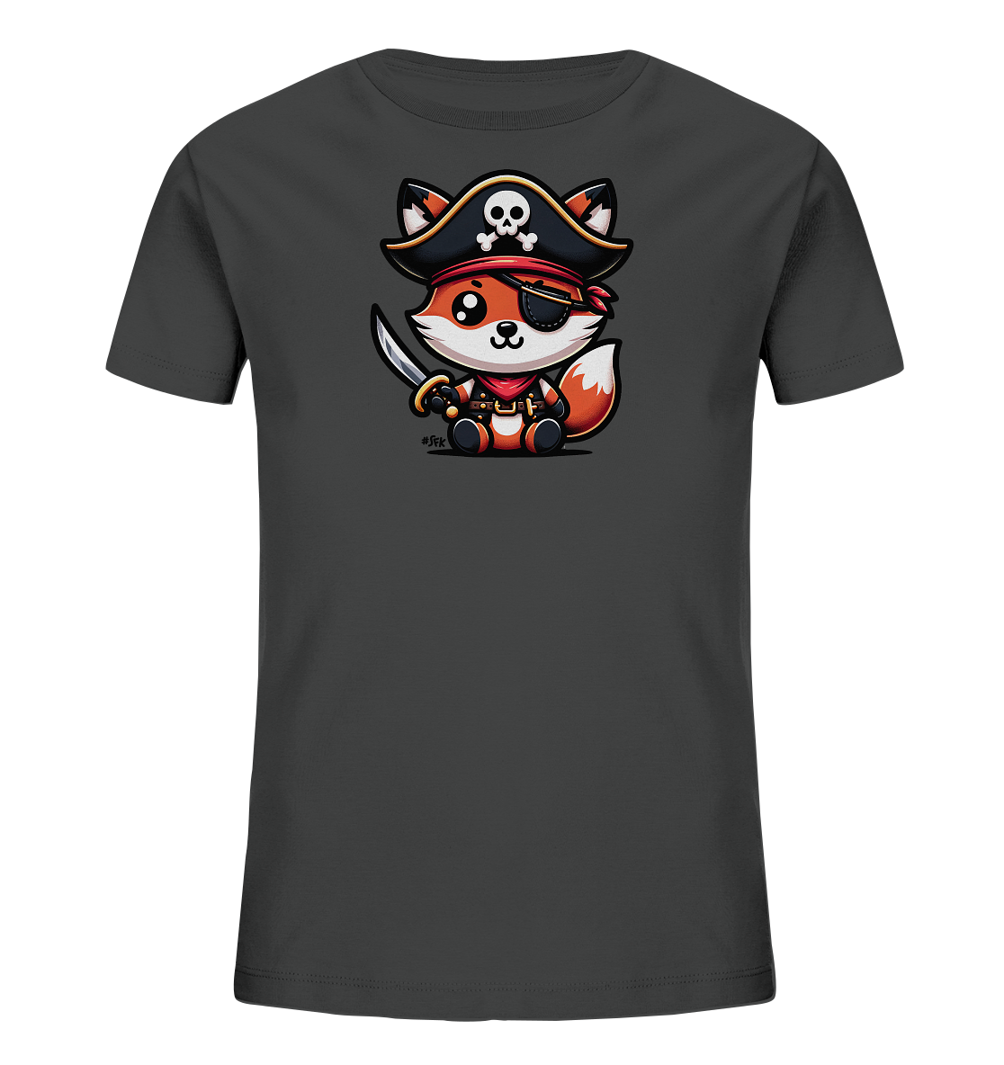 Onlineshop Shirts fuer Kinder - Das Bild zeigt ein dunkelgraues Kinder T-Shirt. Auf der Vorderseite ist eine niedliche, cartoonartige Darstellung eines sitzenden Fuchses zu sehen. Der Fuchs traegt ein Piratenkostuem komplett mit Hut, Augenklappe, Halstuch und haelt ein kleines Schwert. Das Design ist farbenfroh und verspielt, ideal fuer junge Abenteurer.