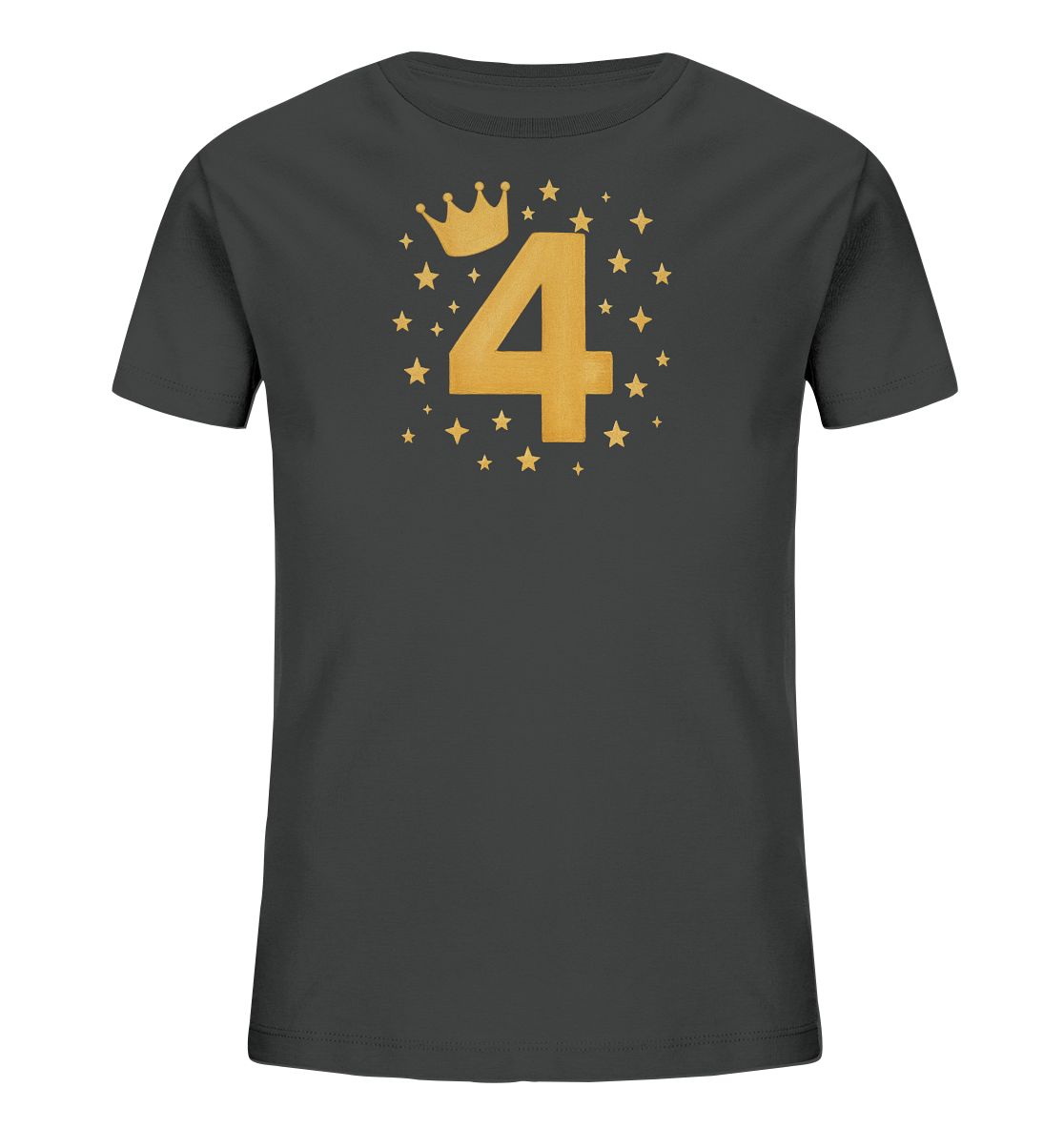 Onlineshop Shirts fuer Kinder - Das Bild zeigt ein dunkelgraues Kinder-T-Shirt mit einem goldenen Druckmotiv auf der Vorderseite. Das Motiv besteht aus einer grossen Zahl '4' mit einer kleinen Krone darueber. Kleine goldene Sterne sind ringsum angeordnet und verleihen dem Design eine festliche Note. Das T-Shirt ist schlicht und der Druck ein zentraler Blickfang.