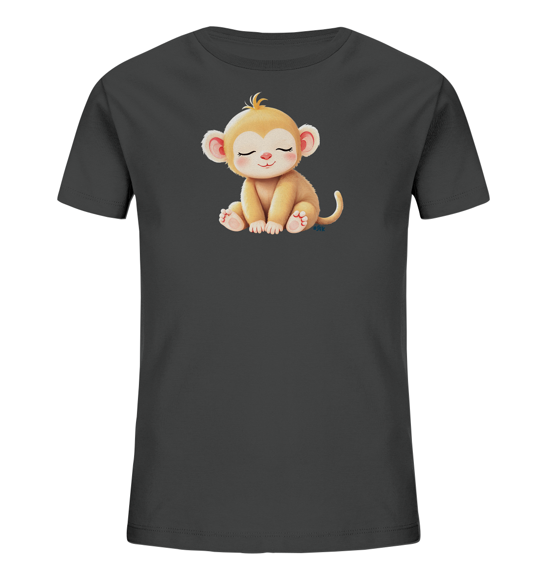 Onlineshop Shirts fuer Kinder - Das Bild zeigt ein dunkelgraues T-Shirt fuer Kinder mit einem niedlichen Tiermotiv. Auf der Vorderseite ist ein sitzendes Äffchen abgebildet, das die Augen geschlossen hat und rosige Wangen besitzt. Das Äffchen hat hellbraunes Fell und kleine rosa Pfoten. Dieses sanfte und verspielte Design verleiht dem T-Shirt einen kinderfreundlichen Charakter.