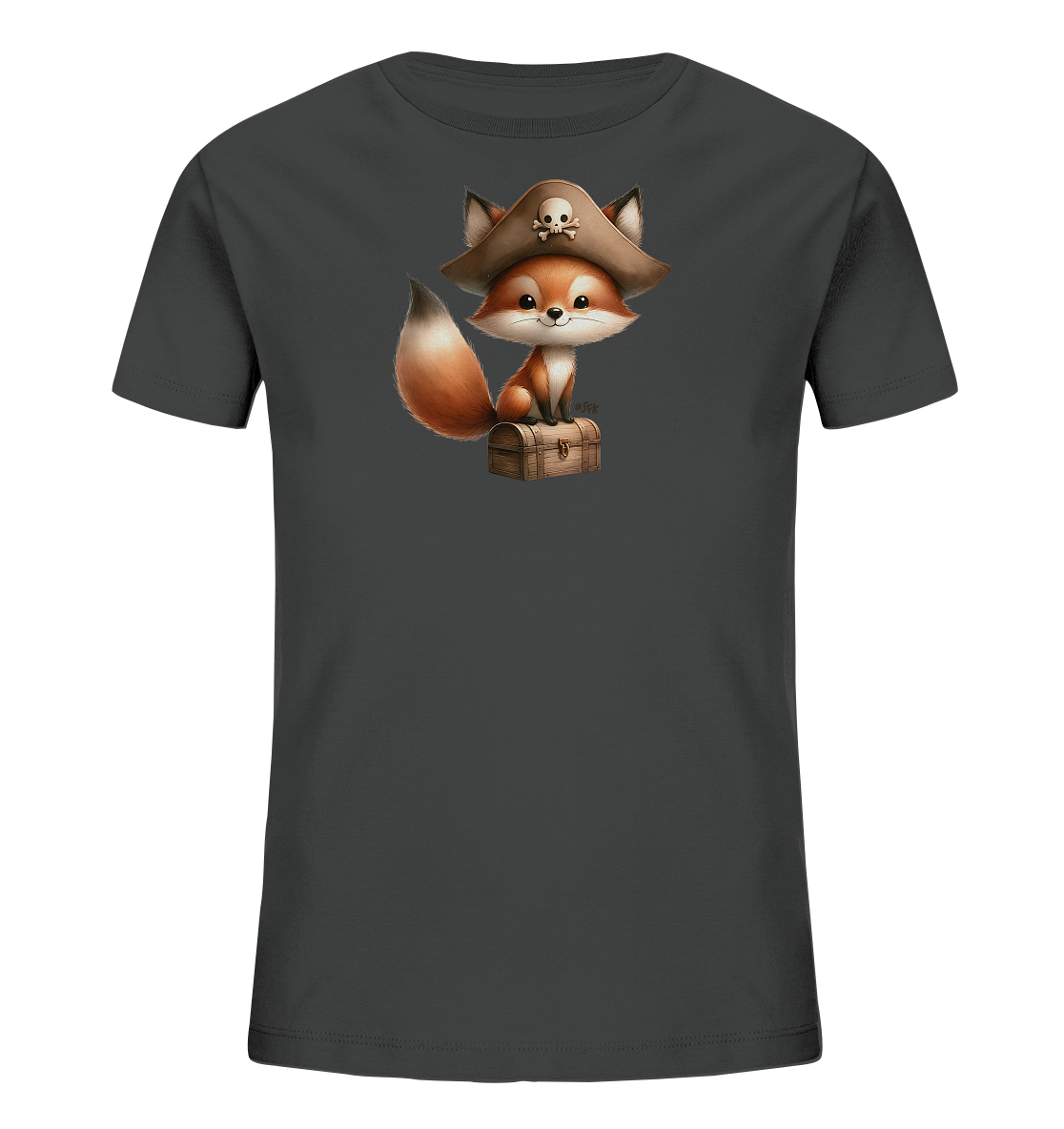 Onlineshop Shirts fuer Kinder - Das Bild zeigt ein dunkelgraues Kinder-T-Shirt mit einer niedlichen Illustration auf der Vorderseite. Zu sehen ist ein freundlicher Fuchs, der einen Piratenhut mit Totenkopfsymbol traegt. Der Fuchs sitzt auf einer kleinen hoelzernen Schatzkiste. Das Gesamtbild hat einen verspielten und abenteuerlichen Charakter.