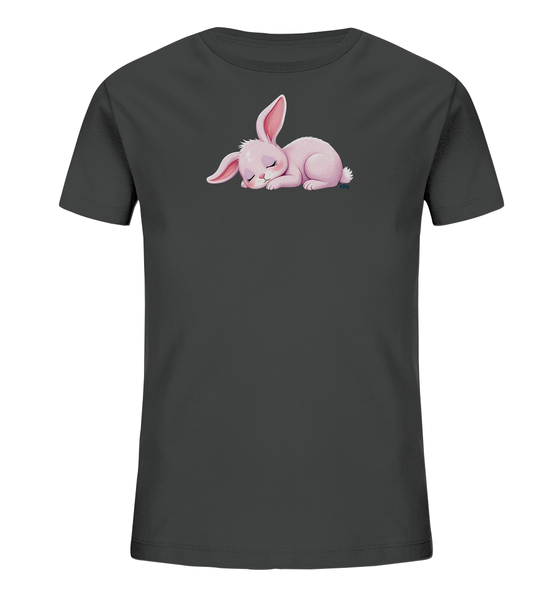 Onlineshop Shirts fuer Kinder - Das Bild zeigt ein dunkelgraues Kinder-T-Shirt mit einem niedlichen Aufdruck. Auf der Vorderseite ist ein schlafendes, rosafarbenes Kaninchen zu sehen. Das Kaninchen liegt friedlich da, mit geschlossenen Augen und leicht angelegten Ohren. Das Design verleiht dem Shirt einen sanften und beruhigenden Charakter.