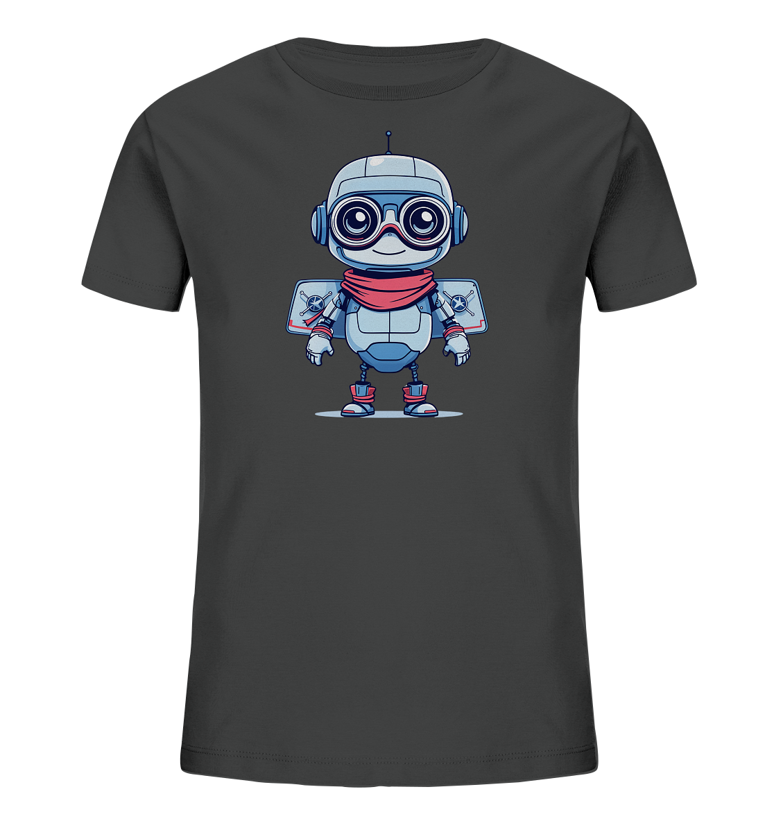 Onlineshop Shirts für Kinder - Das Bild zeigt ein T-Shirt in einem dunklen Farbton, auf dessen Vorderseite eine Grafik zu sehen ist. Die Grafik stellt einen freundlichen, cartoonhaften Roboter dar, der in hellblauen und grauen Farbtönen gehalten ist. Der Roboter trägt eine rote Brille mit dicken Gläsern, einen roten Schal und hat Elemente am Rücken, die wie kleine Flügel oder Jetpacks aussehen. Das Motiv wirkt verspielt und könnte Kinder ansprechen, die sich für Roboter und Abenteuer interessieren.