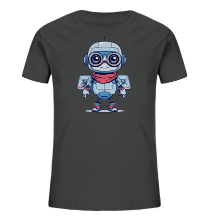 Onlineshop Shirts für Kinder - Das Bild zeigt ein T-Shirt in einem dunklen Farbton, auf dessen Vorderseite eine Grafik zu sehen ist. Die Grafik stellt einen freundlichen, cartoonhaften Roboter dar, der in hellblauen und grauen Farbtönen gehalten ist. Der Roboter trägt eine rote Brille mit dicken Gläsern, einen roten Schal und hat Elemente am Rücken, die wie kleine Flügel oder Jetpacks aussehen. Das Motiv wirkt verspielt und könnte Kinder ansprechen, die sich für Roboter und Abenteuer interessieren.