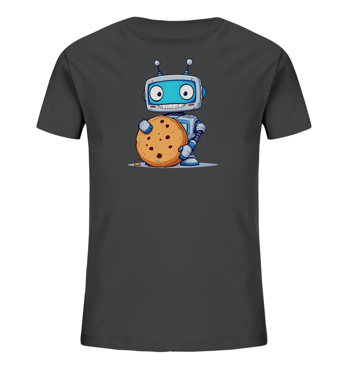 Onlineshop Shirts für Kinder - Das Bild zeigt ein dunkelgraues Kinder-T-Shirt. Auf der Vorderseite ist ein lustiges Cartoon-Motiv eines Roboters zu sehen. Der Roboter, in blauen und grauen Farbtönen, hält einen großen Schokoladenkeks in den Händen und lächelt breit. Er steht auf einer angedeuteten grauen Fläche, neben der ein kleiner Keks-Krümel liegt. Das Design ist farbenfroh und hat einen fröhlichen Charakter.