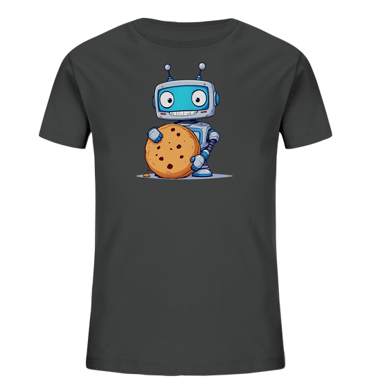 Onlineshop Shirts für Kinder - Das Bild zeigt ein dunkelgraues Kinder-T-Shirt. Auf der Vorderseite ist ein lustiges Cartoon-Motiv eines Roboters zu sehen. Der Roboter, in blauen und grauen Farbtönen, hält einen großen Schokoladenkeks in den Händen und lächelt breit. Er steht auf einer angedeuteten grauen Fläche, neben der ein kleiner Keks-Krümel liegt. Das Design ist farbenfroh und hat einen fröhlichen Charakter.