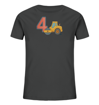 Onlineshop Shirts fuer Kinder - Das Bild zeigt ein dunkelgraues T-Shirt fuer Kinder. Auf der Vorderseite ist eine grosse, rote Zahl '4' mit blauem Rand abgebildet. Direkt daneben befindet sich die Illustration einer gelben, cartoonhaften Strassenwalze. Das Design ist verspielt und auf das Thema Baustelle oder Fahrzeuge ausgerichtet.