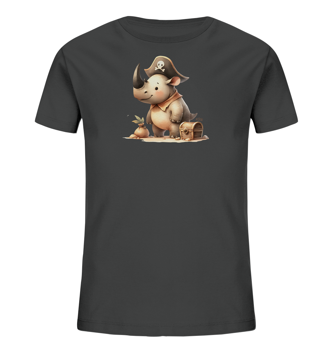 Onlineshop Shirts fuer Kinder - Das Bild zeigt ein dunkelgraues Kinder-T-Shirt. Auf der Vorderseite ist eine niedliche Zeichentrickfigur eines Nashorns im Piratenkostuem abgebildet. Das Nashorn traegt einen Piratenhut und ein Halstuch und steht neben einer kleinen Schatztruhe und einem Sack. Dieses verspielte Design verleiht dem Shirt eine abenteuerliche Note.