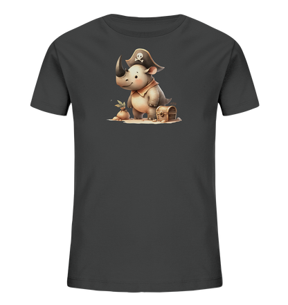 Onlineshop Shirts fuer Kinder - Das Bild zeigt ein dunkelgraues Kinder-T-Shirt. Auf der Vorderseite ist eine niedliche Zeichentrickfigur eines Nashorns im Piratenkostuem abgebildet. Das Nashorn traegt einen Piratenhut und ein Halstuch und steht neben einer kleinen Schatztruhe und einem Sack. Dieses verspielte Design verleiht dem Shirt eine abenteuerliche Note.