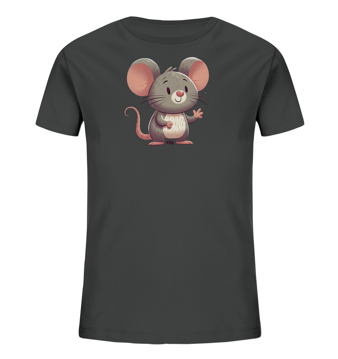 Onlineshop Shirts für Kinder - Dieses Bild zeigt ein dunkelgraues Kinder-T-Shirt. Auf der Vorderseite ist eine süße, cartoonhafte Maus abgebildet. Die Maus ist grau mit großen rosa Ohren, einem rosafarbenen Bauch und wedelt freundlich mit einer Pfote. Unterhalb der Maus befindet sich der kleine Schriftzug '#JFK', der das Design ergänzt.