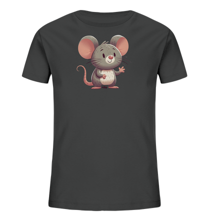 Onlineshop Shirts für Kinder - Dieses Bild zeigt ein dunkelgraues Kinder-T-Shirt. Auf der Vorderseite ist eine süße, cartoonhafte Maus abgebildet. Die Maus ist grau mit großen rosa Ohren, einem rosafarbenen Bauch und wedelt freundlich mit einer Pfote. Unterhalb der Maus befindet sich der kleine Schriftzug '#JFK', der das Design ergänzt.