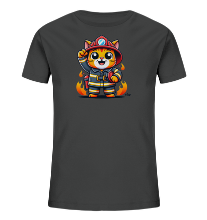 Kinder T-Shirt mit eine winkende Cartoon-Katze als Feuerwehrfigur mit Helm und Uniform